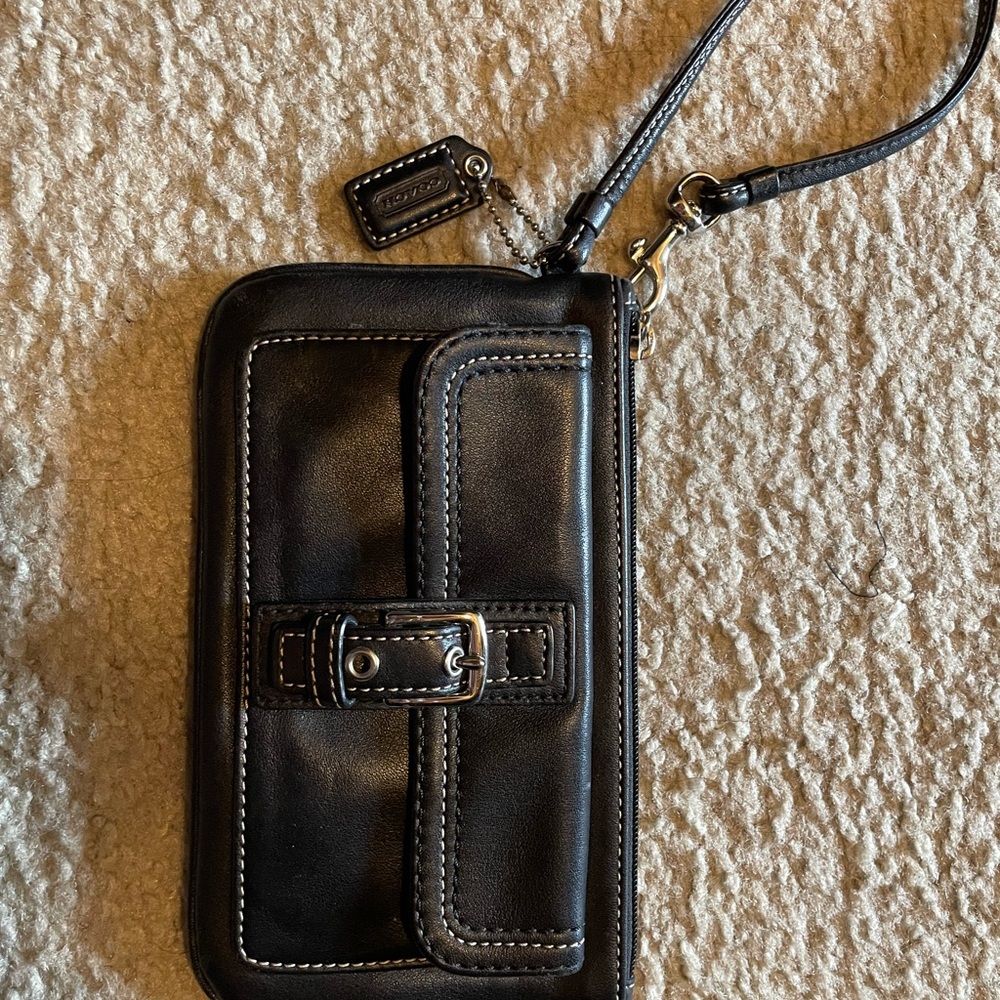 Coach Black Leather Wristlet with Buckle Accent